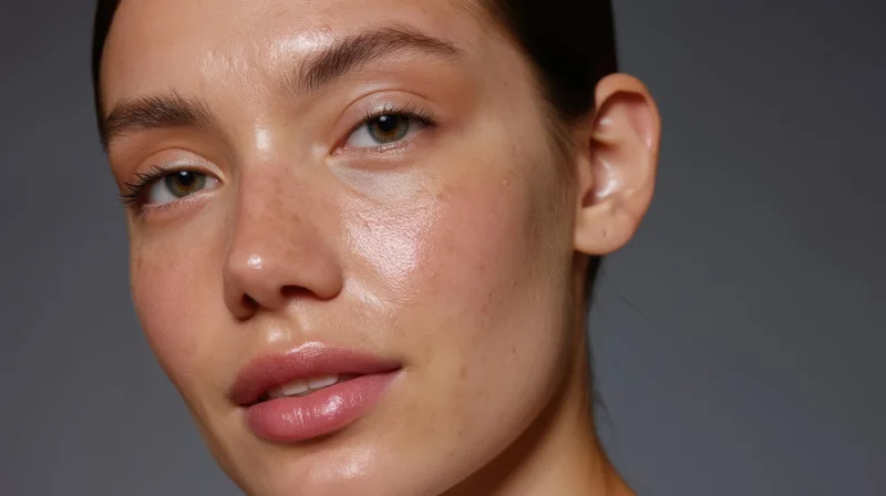 Close-up of a woman's face showing natural skin texture and subtle makeup against a gray background