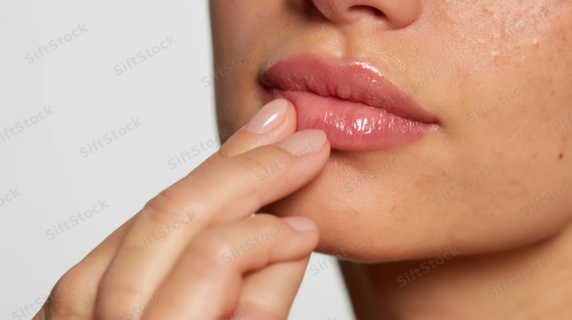 Woman touching her lips with finger in close-up view