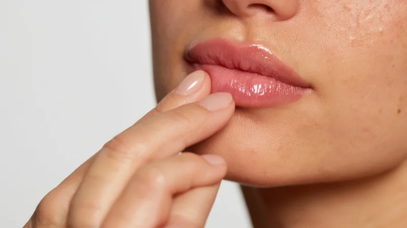 Woman touching her lips with finger in close-up view