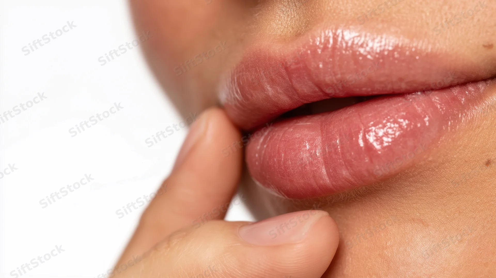 Close-up of a woman’s lips with a glossy finish, finger gently touching the lower lip against a white background