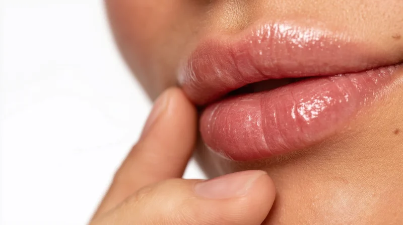 Close-up of a woman’s lips with a glossy finish, finger gently touching the lower lip against a white background