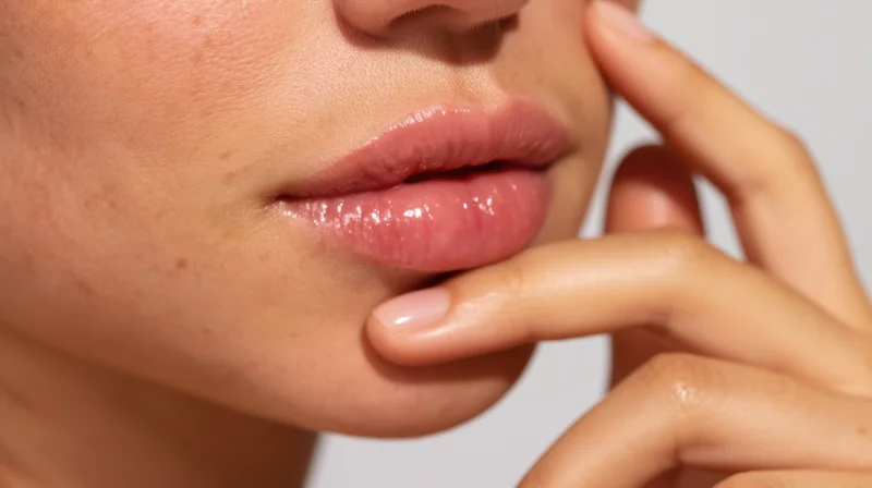 Close-up of a woman’s lips and hand touching her face, showing smooth skin and glossy lips