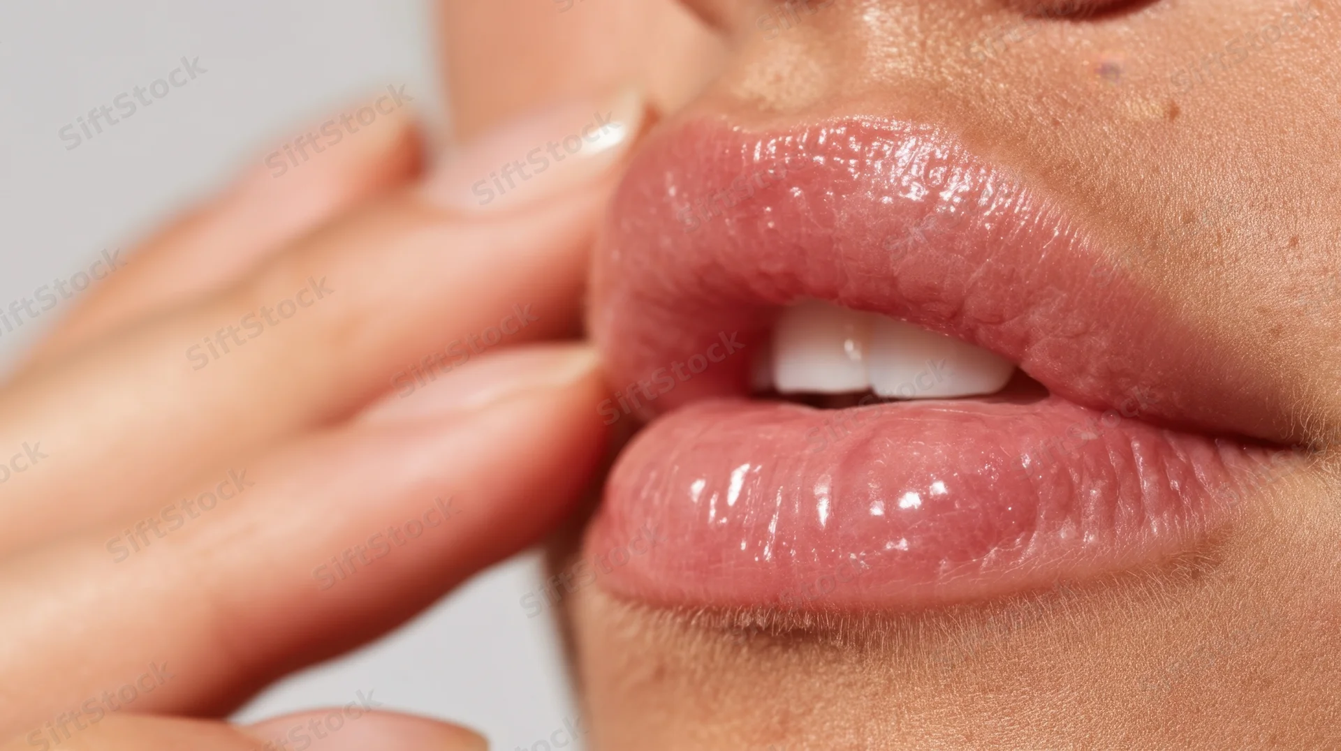 Close-up of a woman’s lips with glossy texture and hand touching the side of her face