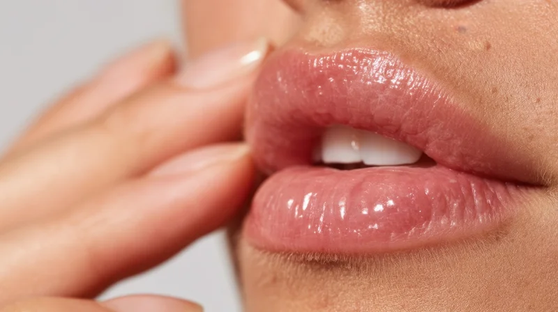 Close-up of a woman’s lips with glossy texture and hand touching the side of her face