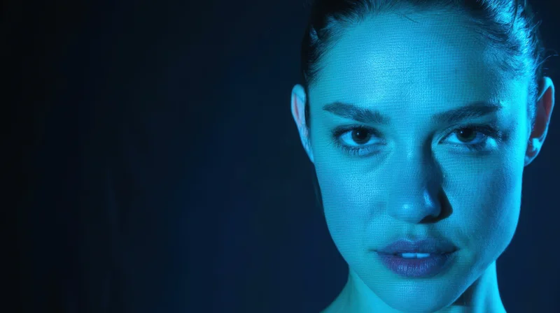 Close-up of a woman's face illuminated by blue digital light against a dark background