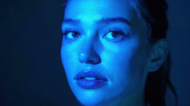 Close-up of a woman's face illuminated by blue digital grid light against dark background