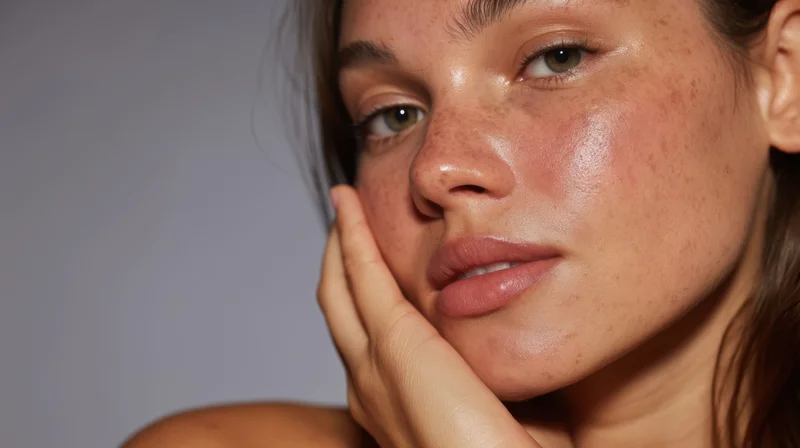 Close-up of a woman’s face with freckles and glowing skin, hand resting on cheek, studio lighting
