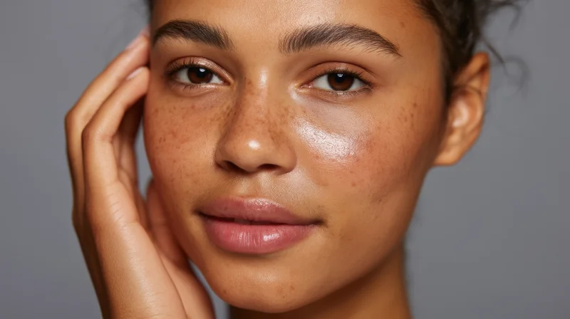 Close-up of a woman’s face with freckles and glowing skin, hand touching cheek, against gray background