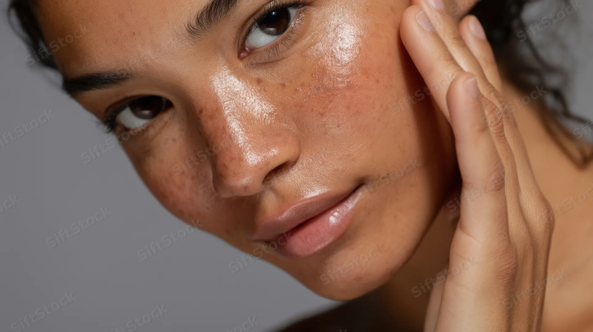 Woman touching her glowing skin in close-up portrait