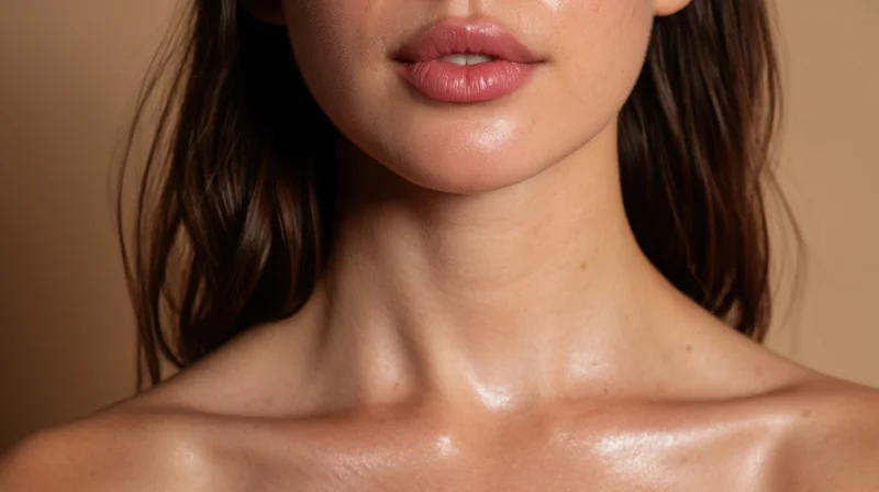 Close-up of a woman’s neck and shoulders showing smooth glowing skin and lips
