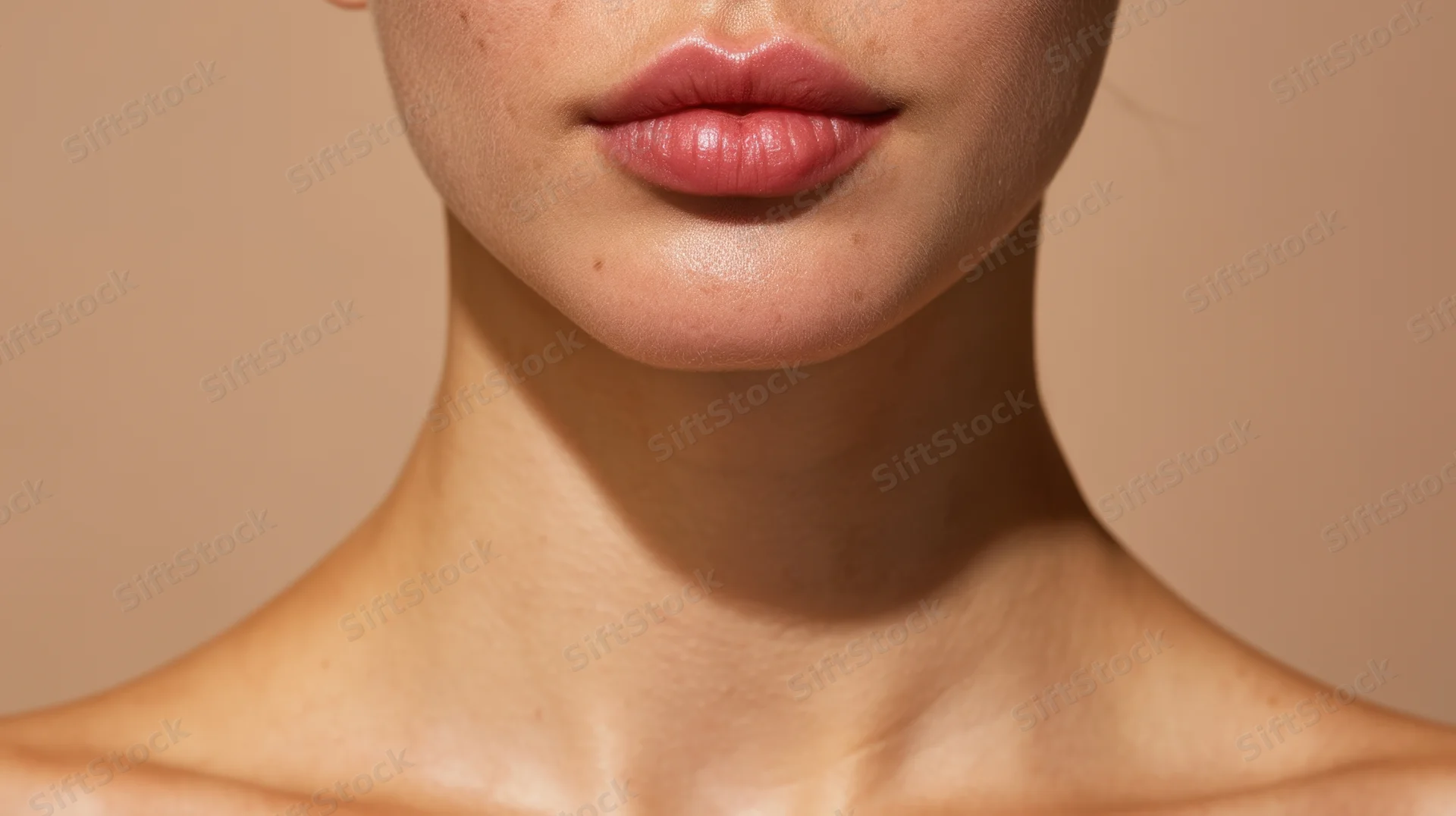 Close-up of a woman's lips and neck against a neutral background