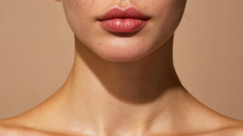 Close-up of a woman's lips and neck against a neutral background