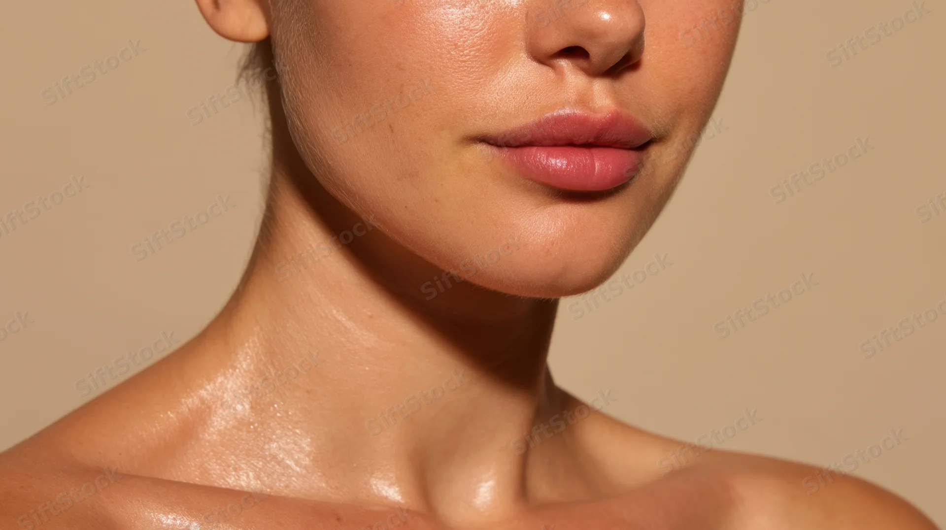 Close-up of a woman’s smooth glowing skin and neck against a neutral background