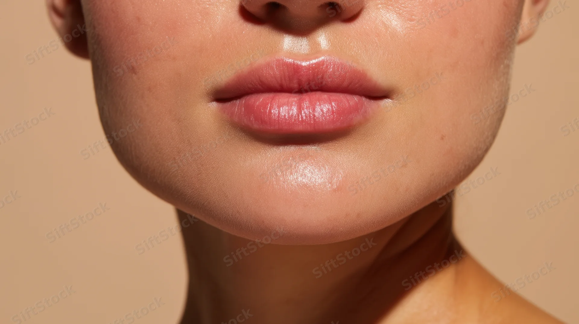 Close-up of a woman's lips and lower face showing smooth hydrated skin against a neutral background