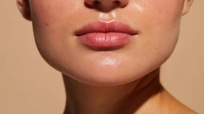 Close-up of a woman's lips and lower face showing smooth hydrated skin against a neutral background