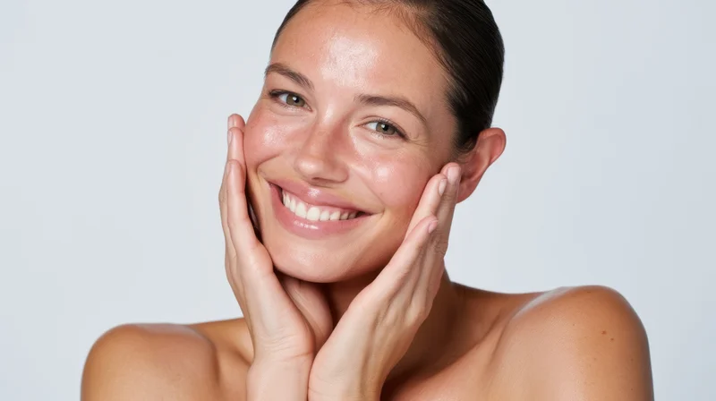 Woman smiling with hands on her face against white background