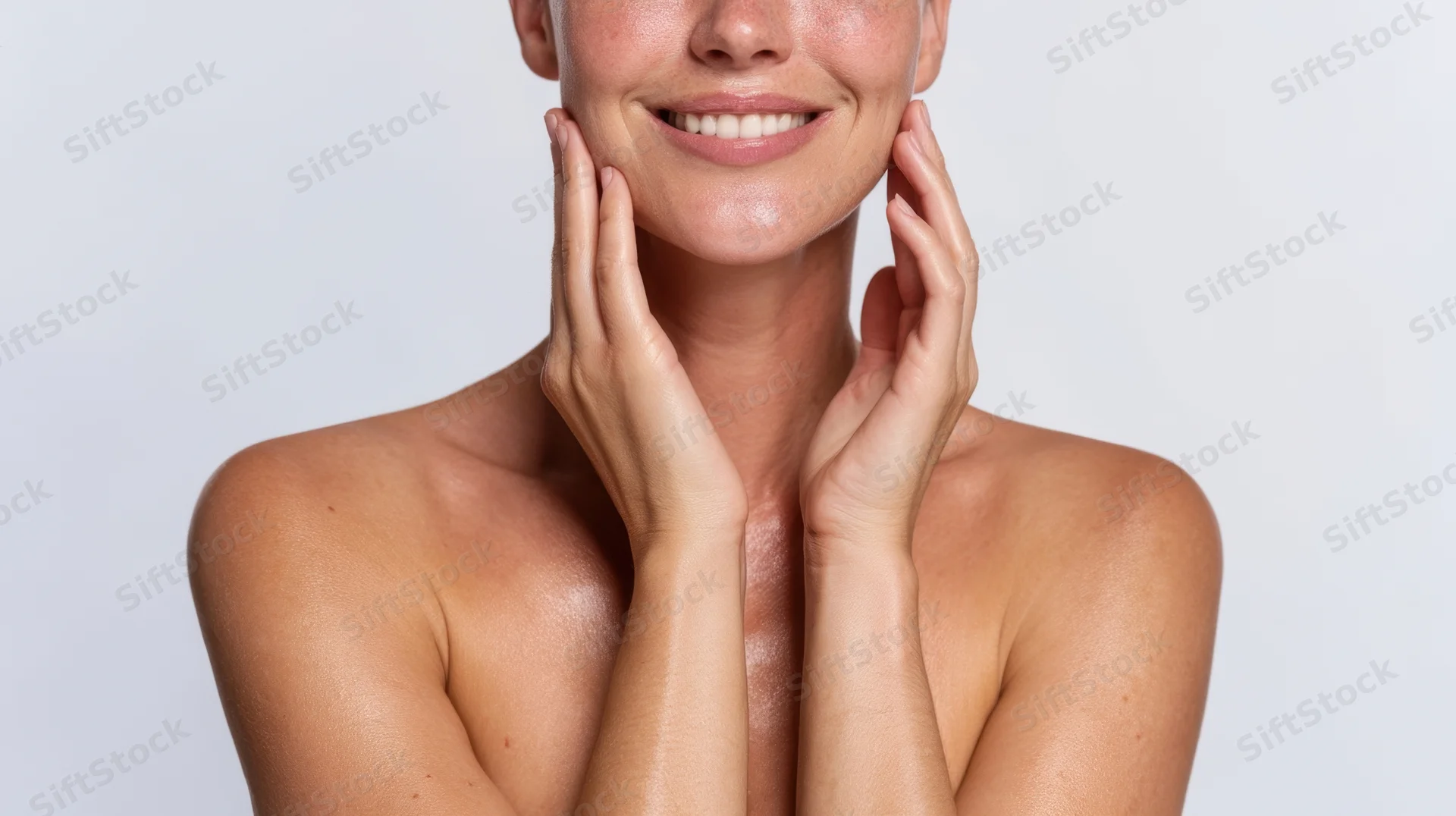 Woman smiling with hands on her face and neck, close-up view against white background