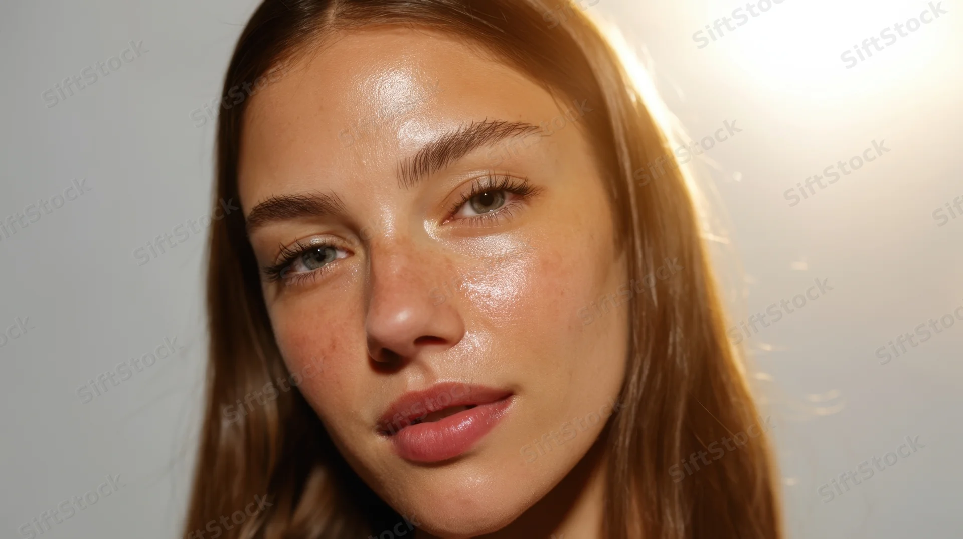 Close-up of a woman’s face with glowing skin and freckles, backlit by soft light