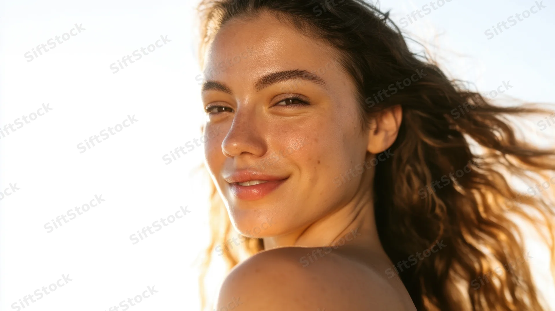 Close-up of a smiling young woman with curly hair in sunlight outdoors