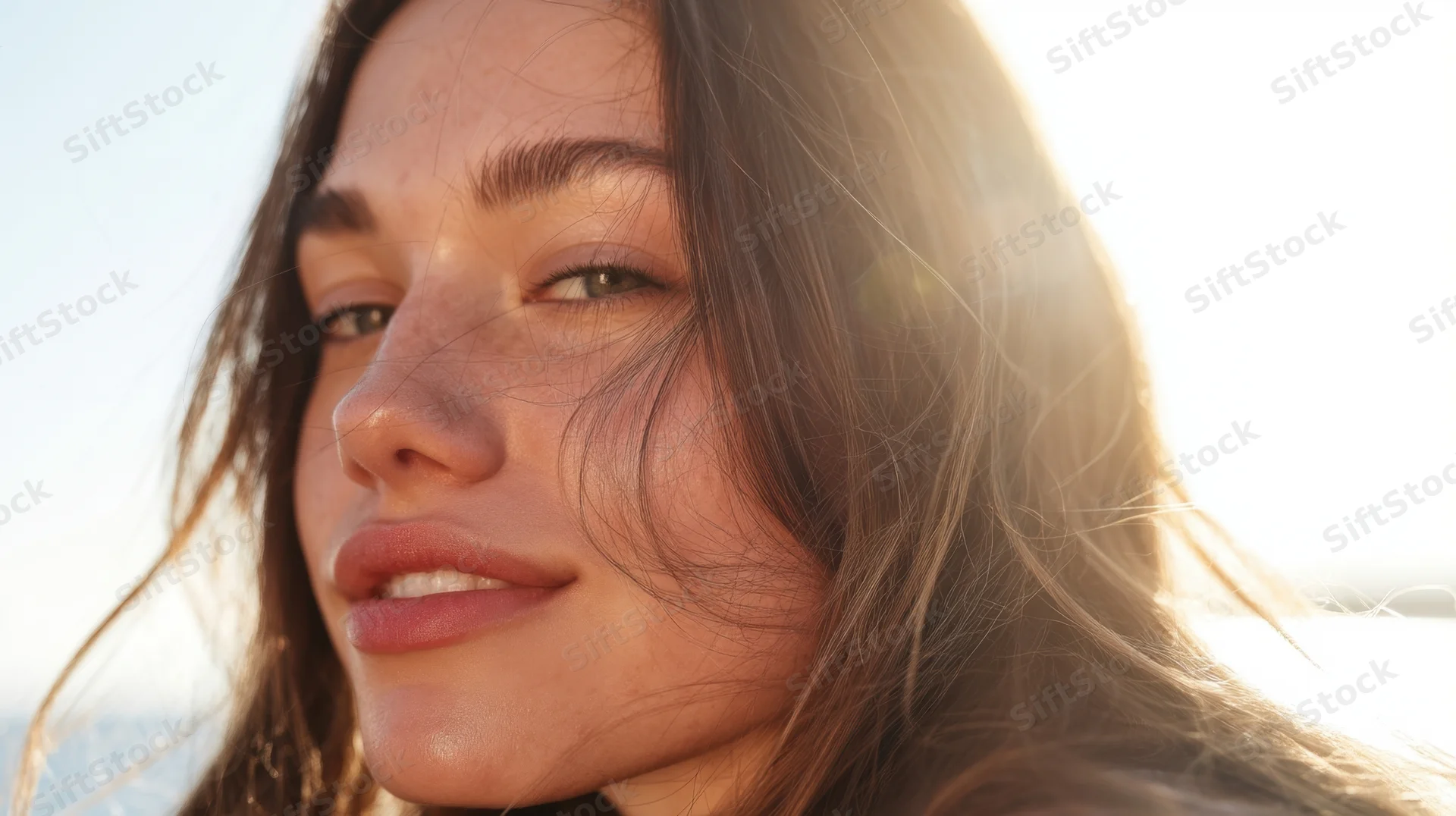 Close-up of a young woman smiling softly with sunlight on her face by the ocean
