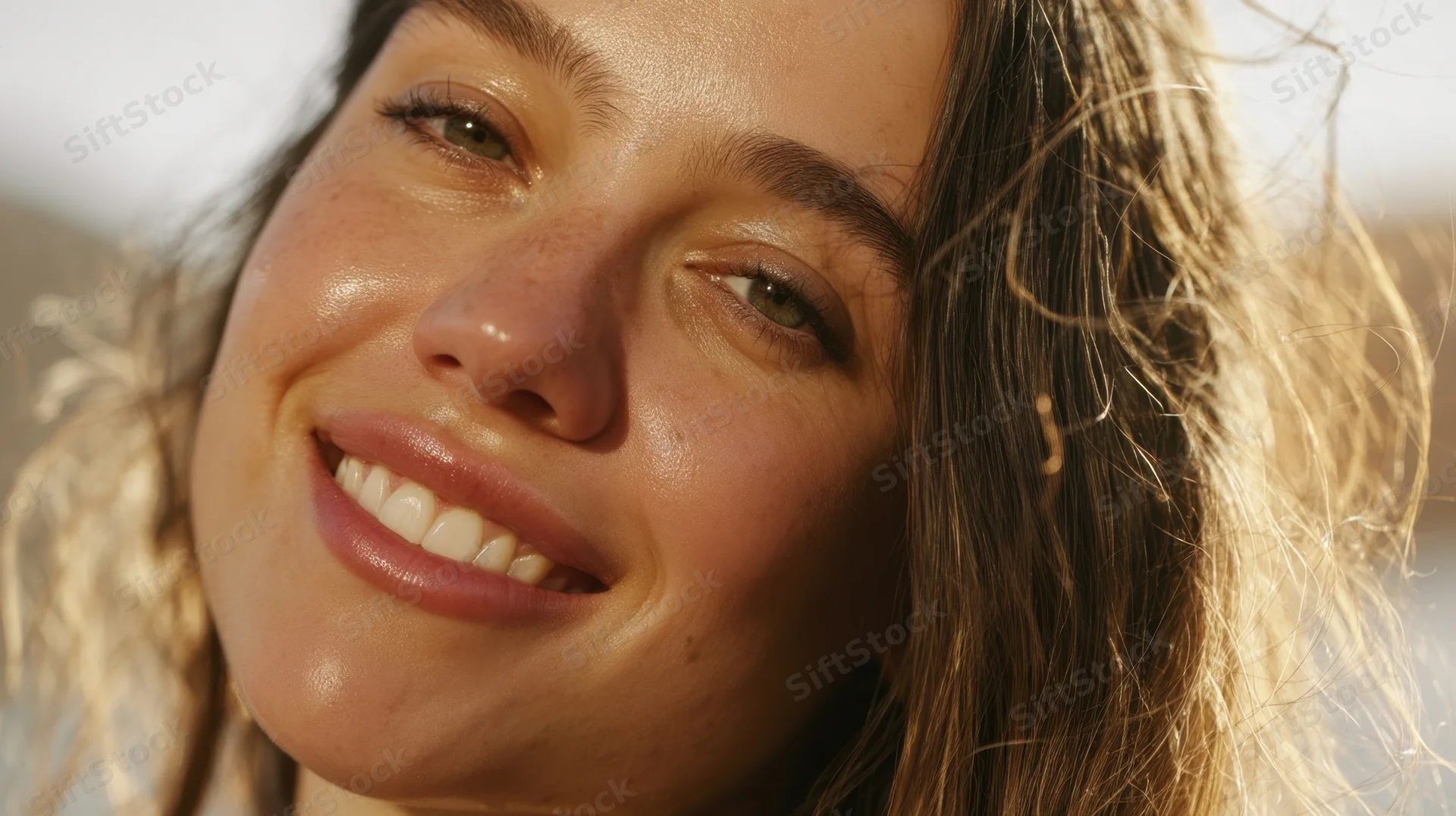 Close-up of a smiling woman with freckles and sunlit hair outdoors