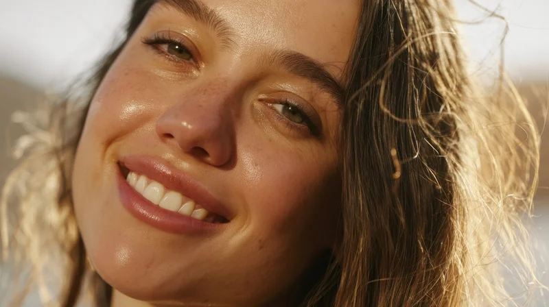 Close-up of a smiling woman with freckles and sunlit hair outdoors