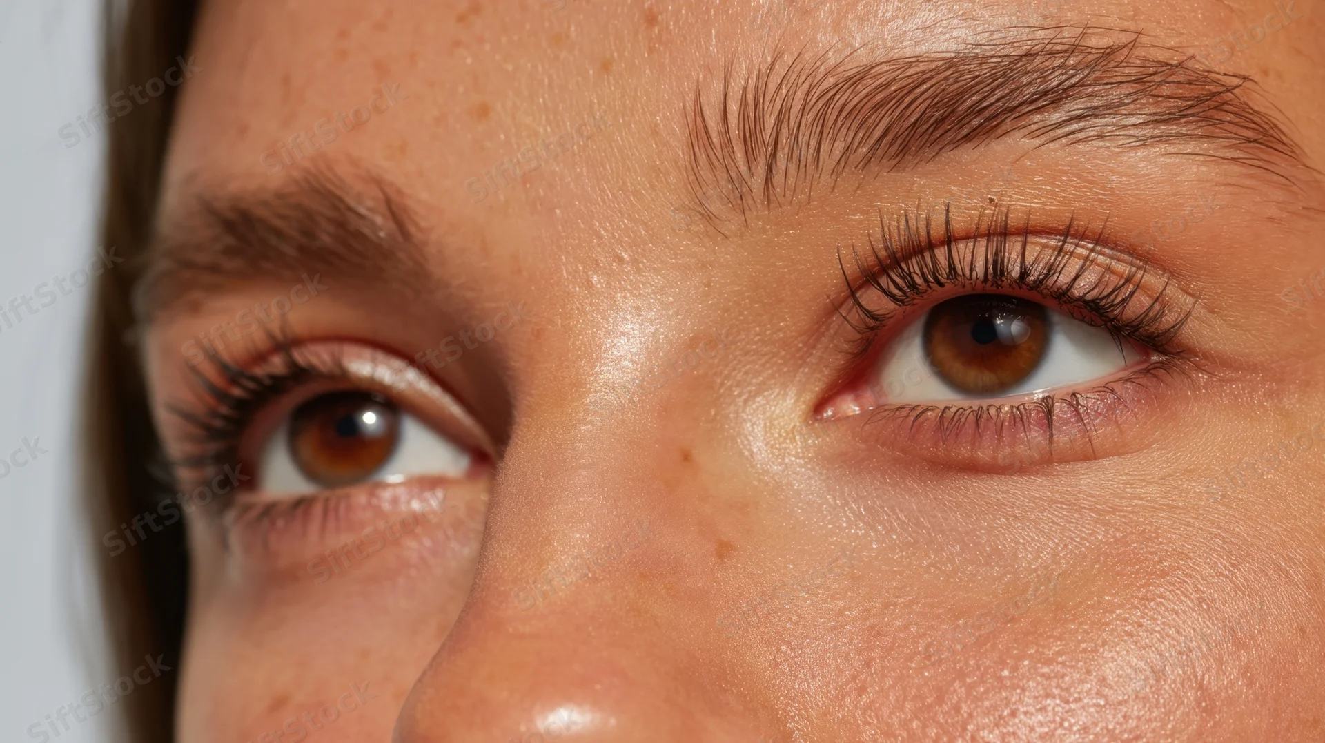 Close-up of a woman's brown eyes with freckled skin and defined lashes