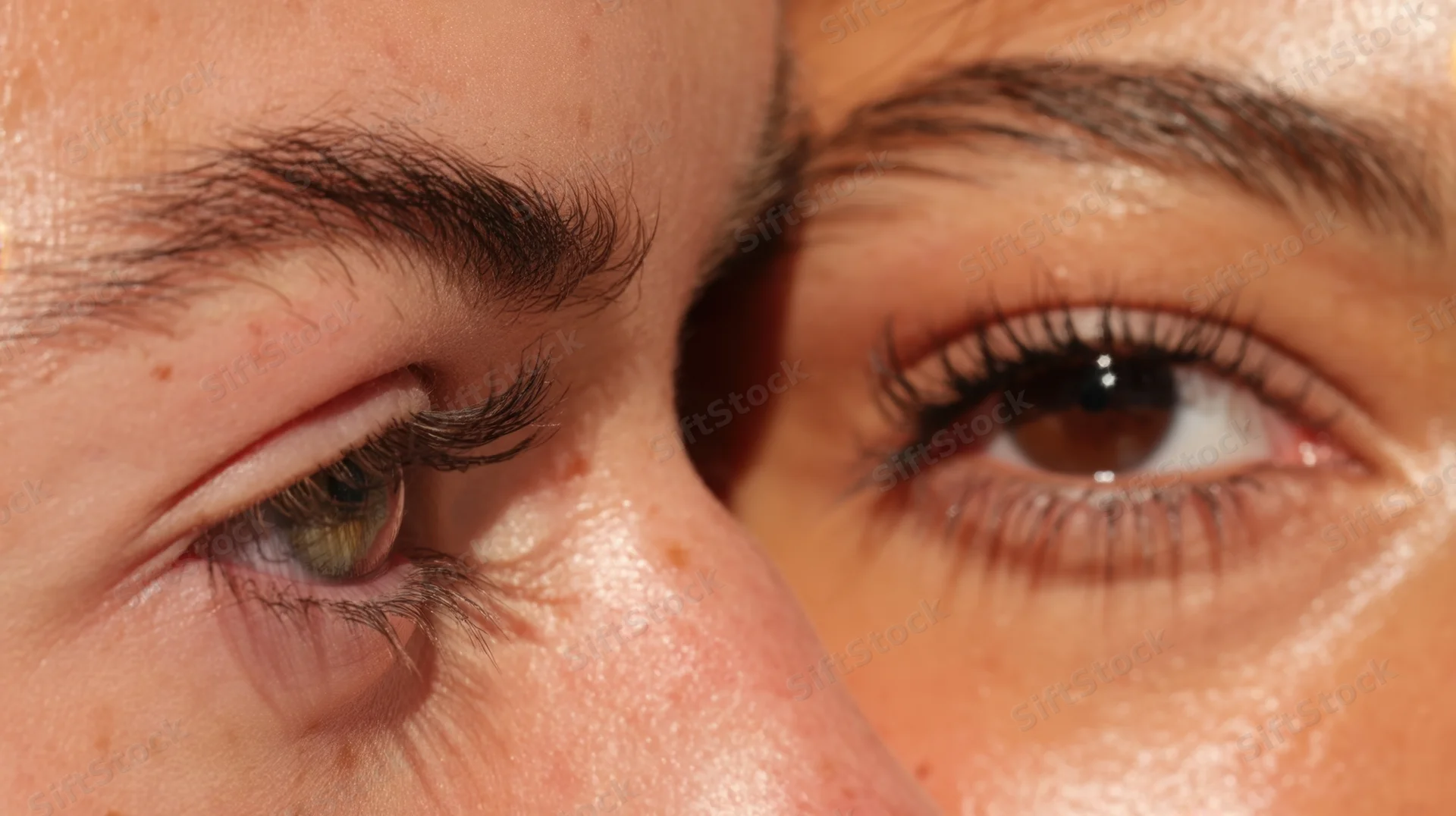 Close-up of two women's eyes showing natural skin texture and eyelashes