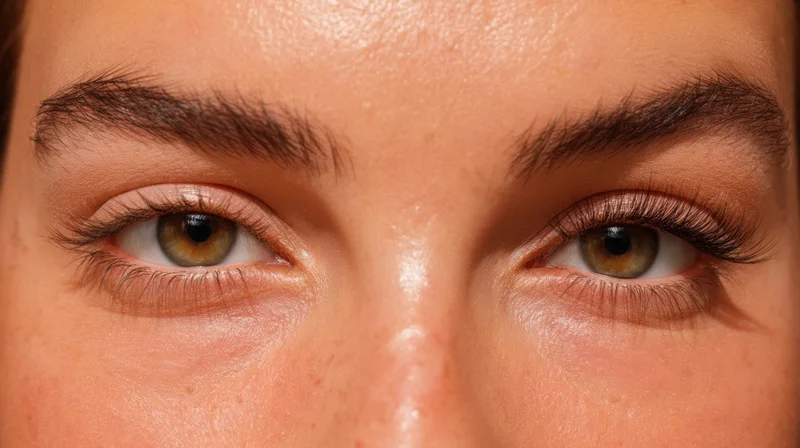 Close-up of a woman's eyes with defined eyebrows and eyelashes, showing natural skin texture and subtle makeup