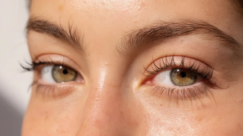 Close-up of a woman's green eyes with natural makeup and defined eyebrows, showing skin texture and light reflection