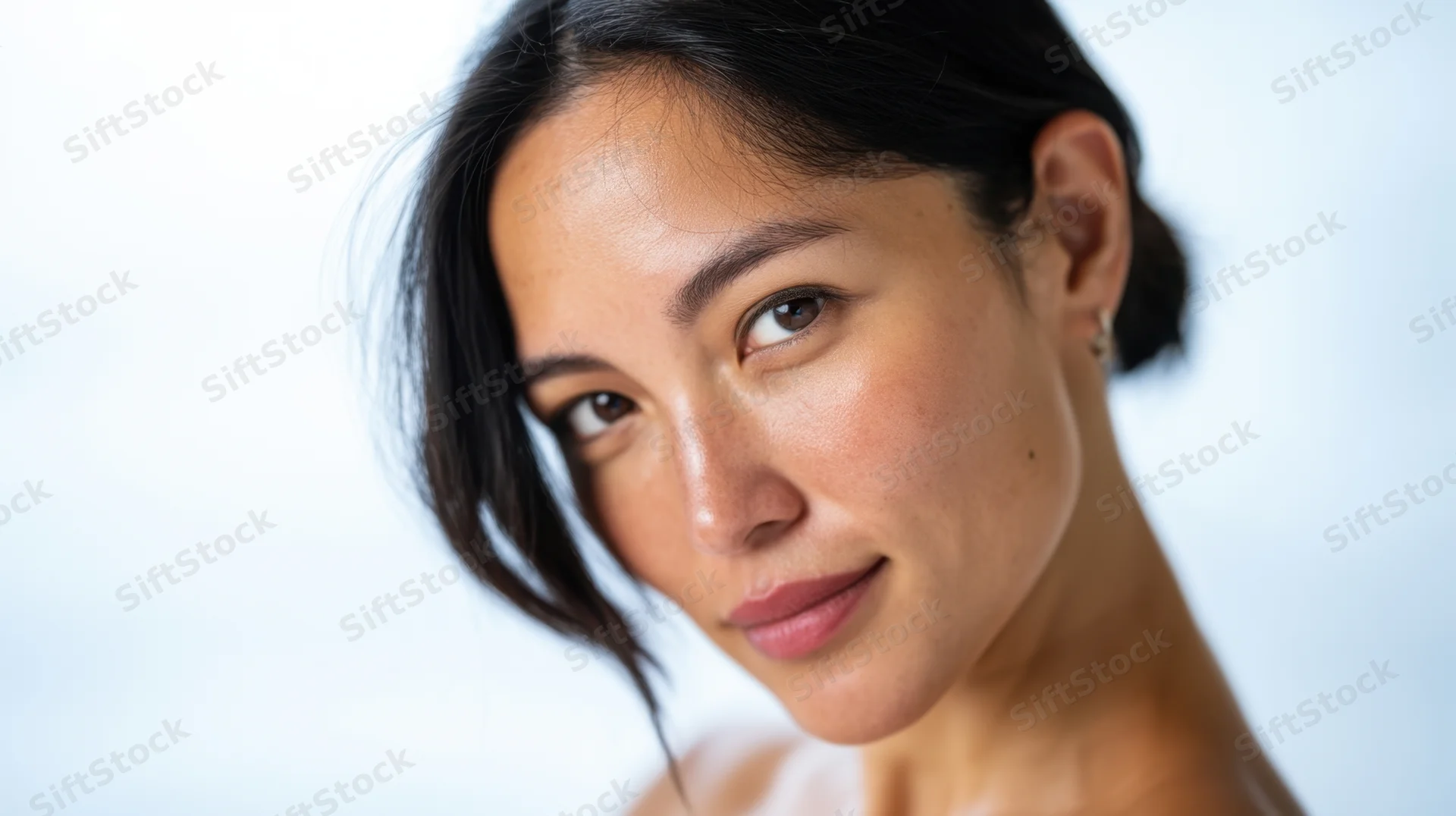 Close-up portrait of a woman with dark hair and natural makeup against a white background