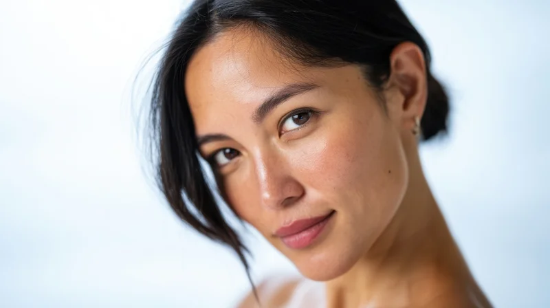Close-up portrait of a woman with dark hair and natural makeup against a white background