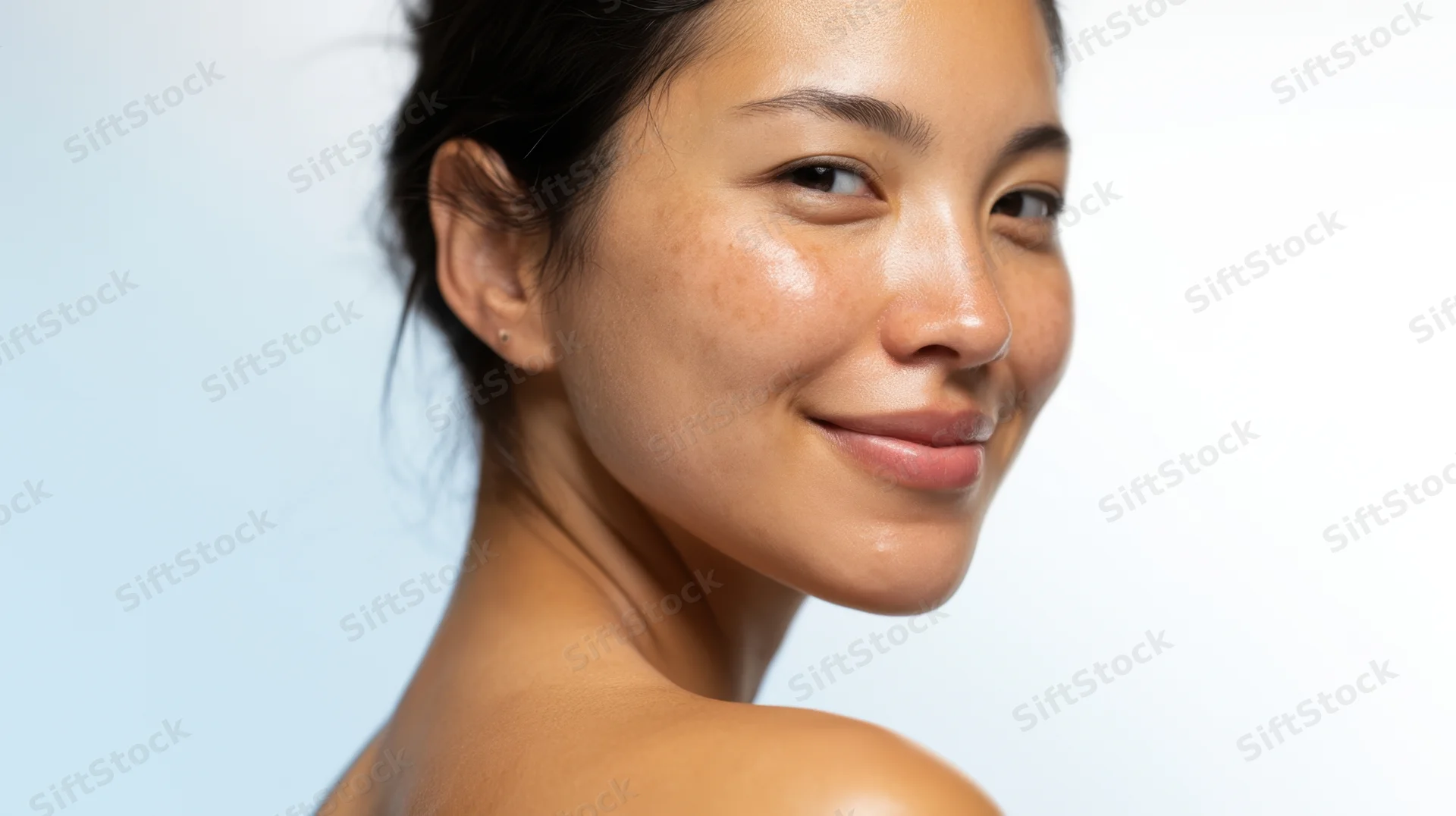 Close-up of a smiling young asian woman with natural glowing skin, showing face and shoulder against a light background