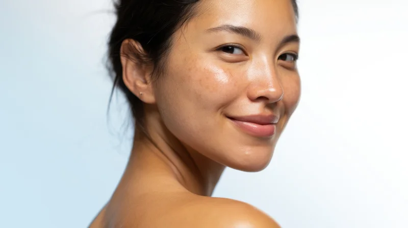 Close-up of a smiling young asian woman with natural glowing skin, showing face and shoulder against a light background