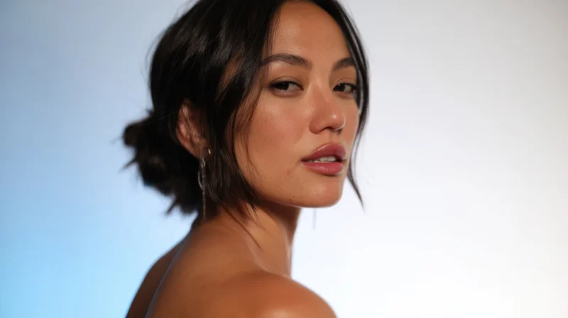 Woman in profile with dark hair and subtle makeup, studio lighting, shoulder and neck visible