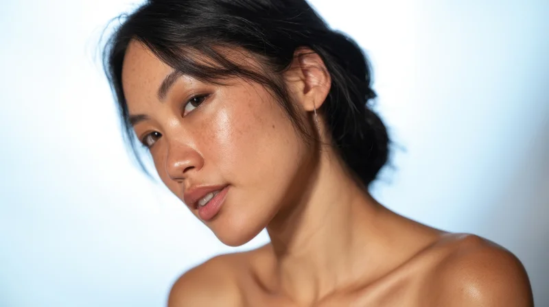 Close-up portrait of a young asian woman with natural glowing skin and dark hair pulled back, facing slightly to the side against a white background