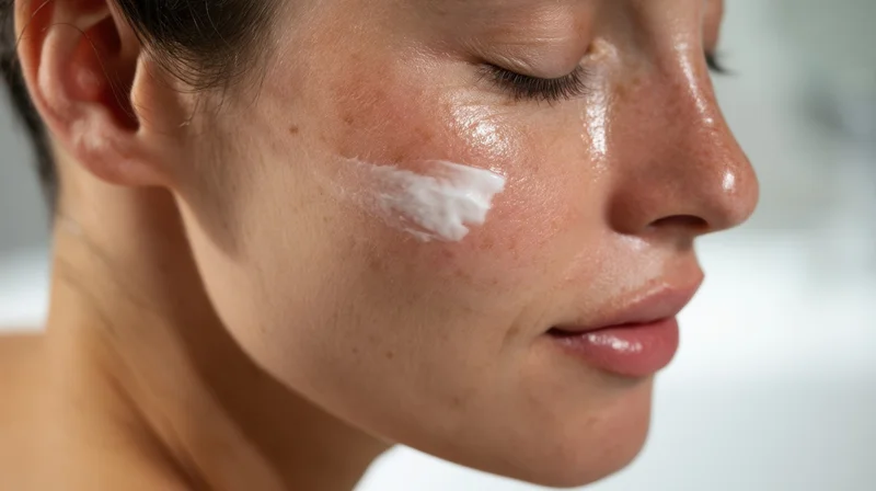 Woman applying cream to her face in close-up profile view