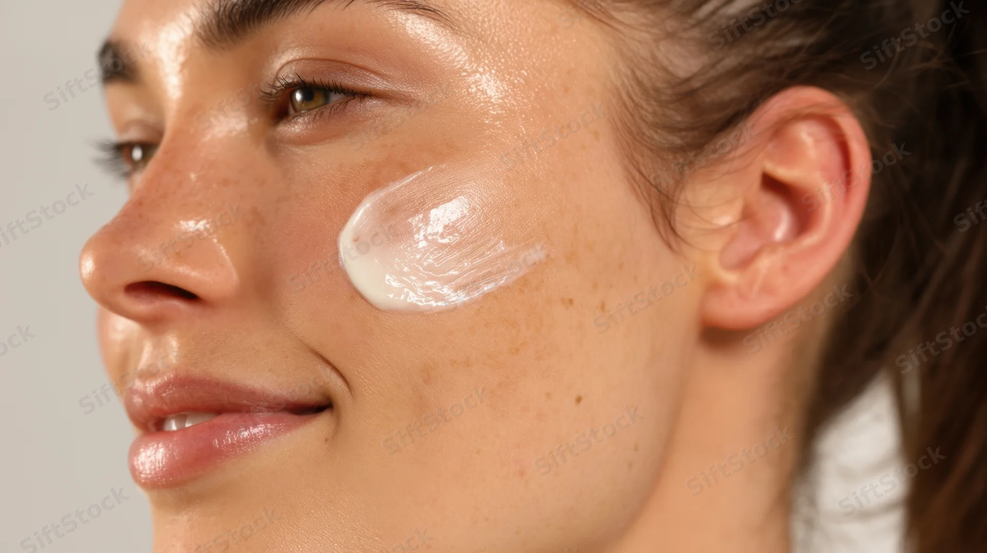 Woman applying cream to her cheek in close-up view
