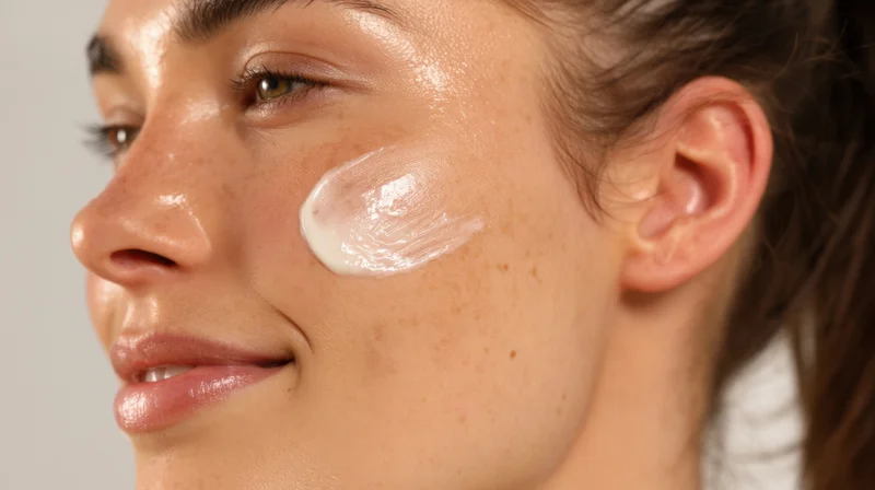Woman applying cream to her cheek in close-up view