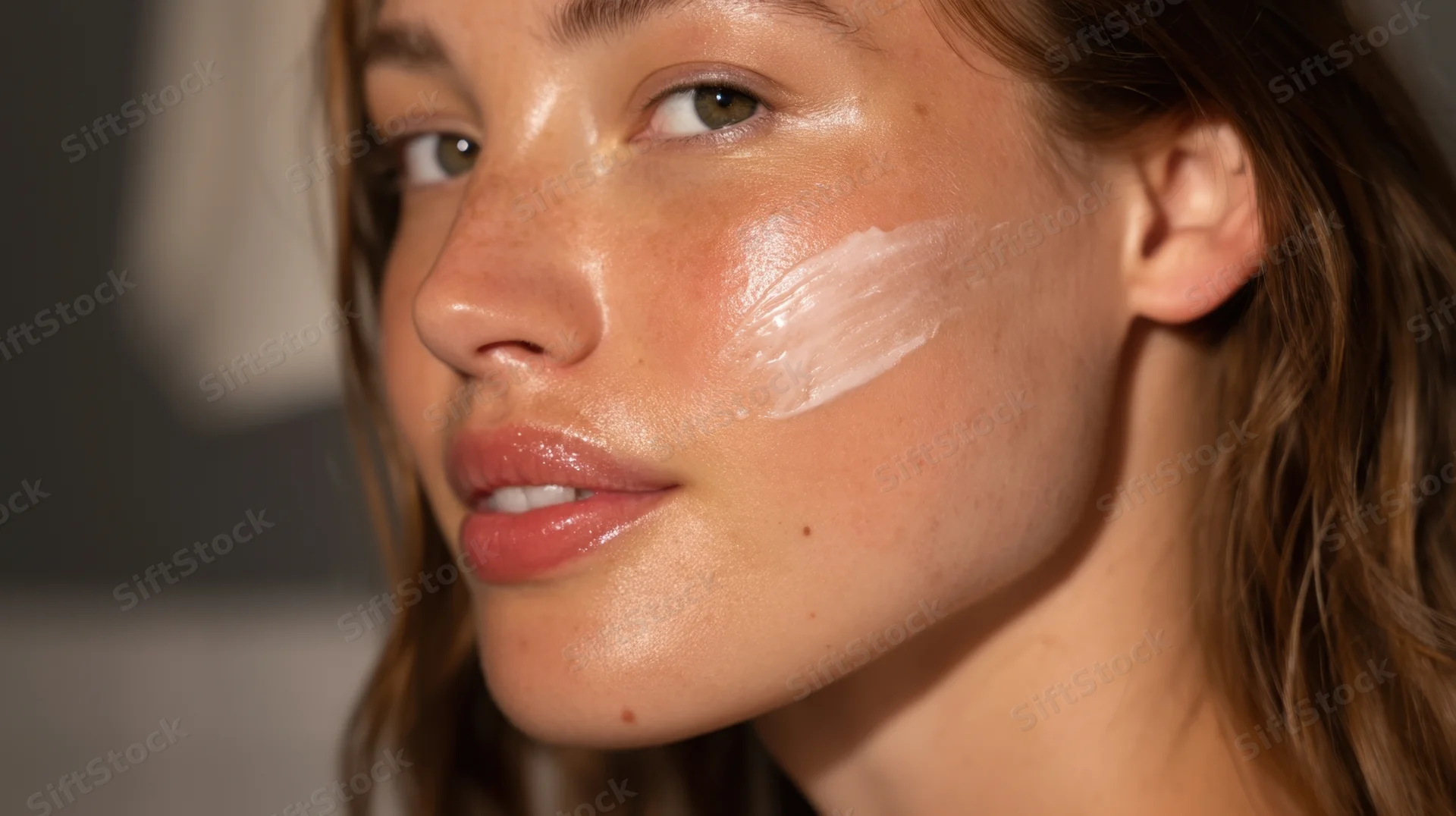 Woman applying cream to her face in close-up view