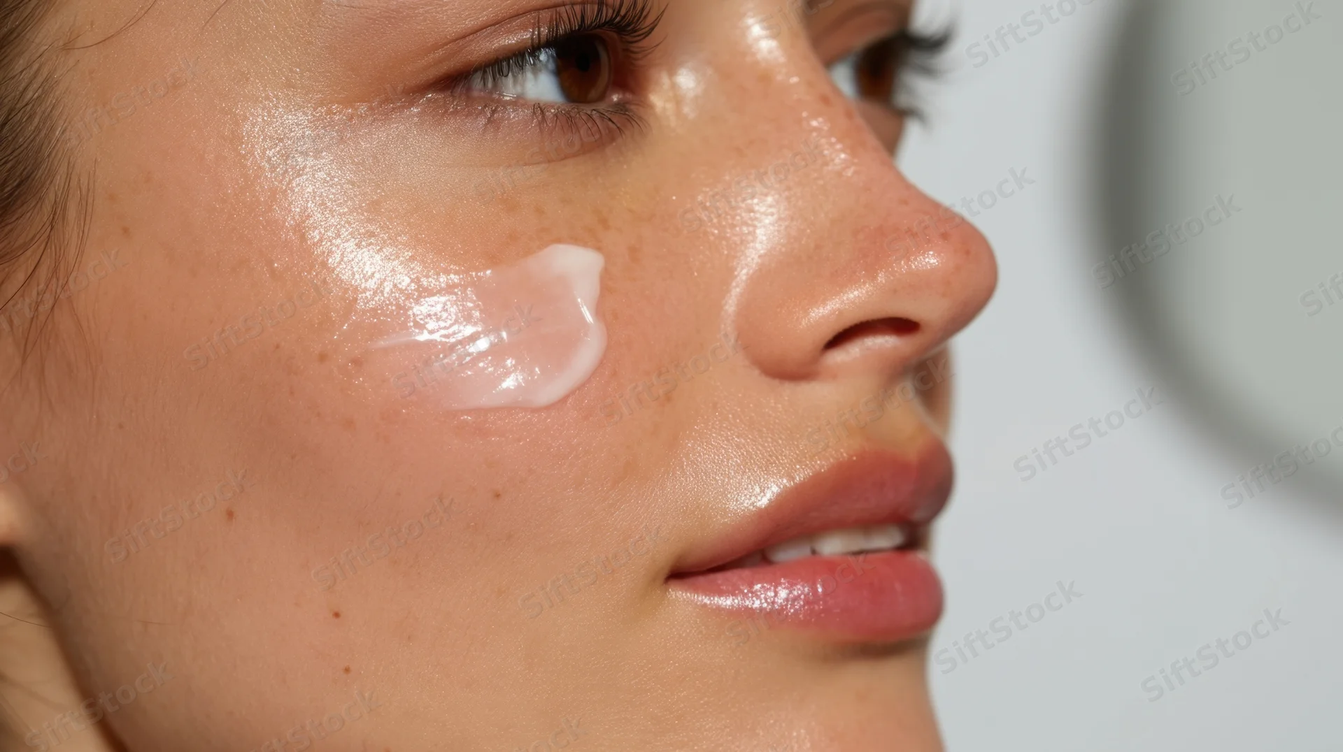 Woman applying cream to her cheek in close-up profile view