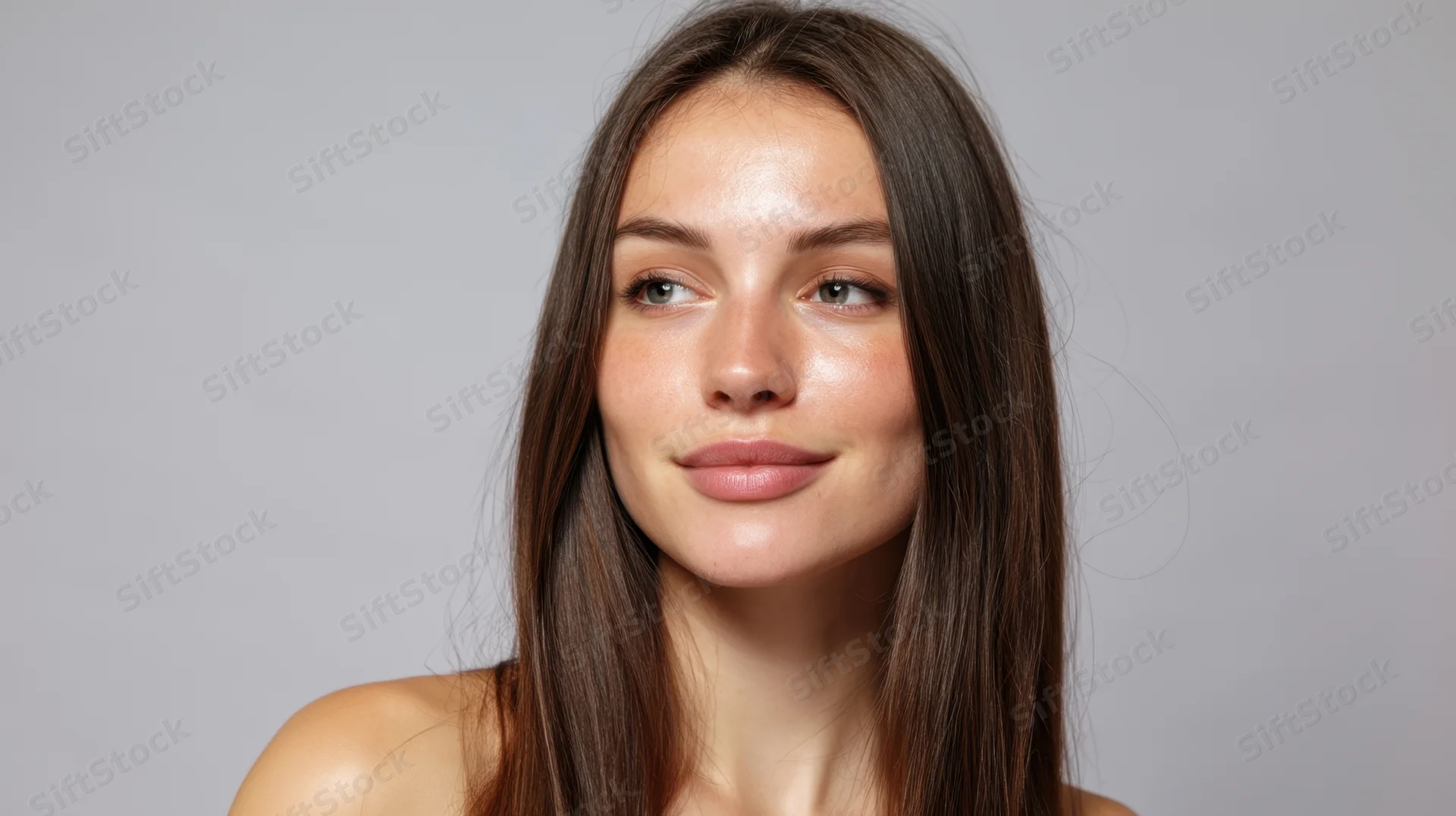 Close-up portrait of a young woman with smooth natural skin and straight brown hair against a neutral gray background