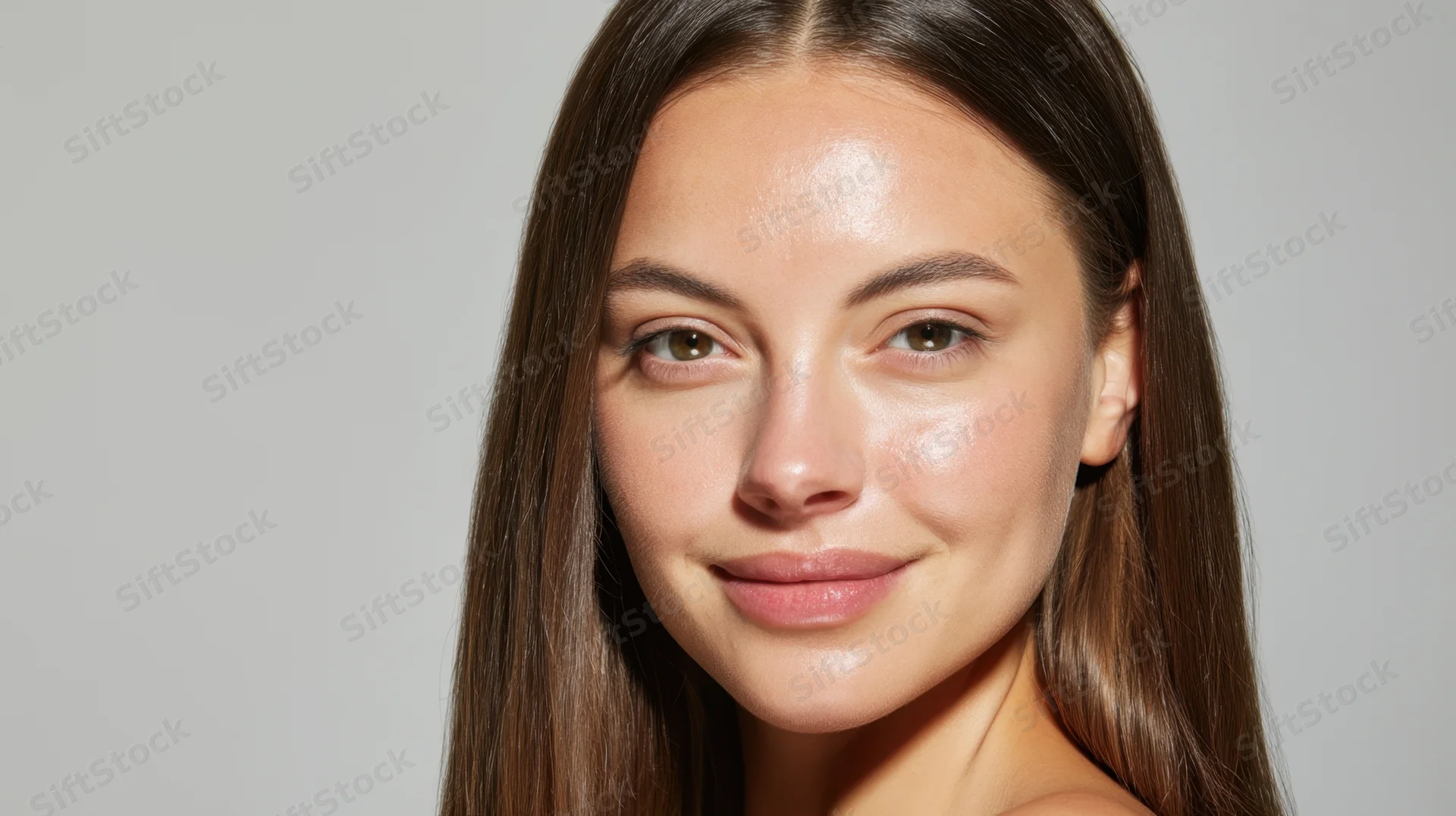 Close-up of a young woman with smooth glowing skin smiling softly in studio lighting