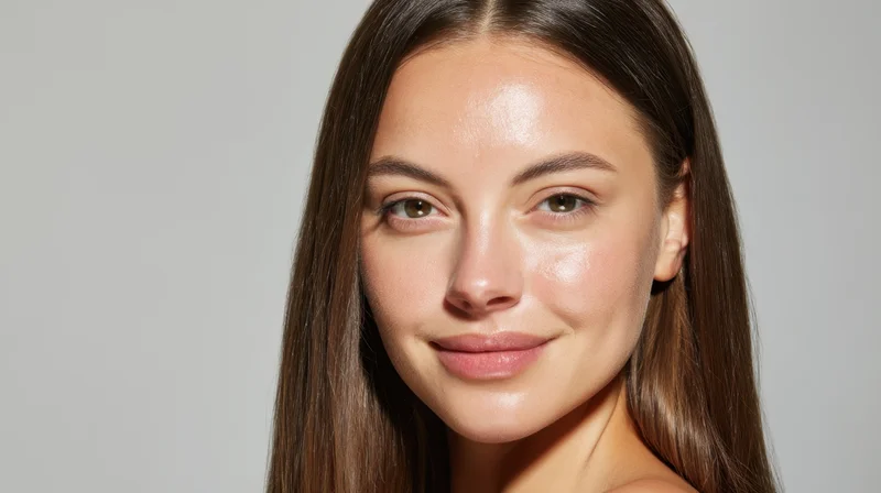 Close-up of a young woman with smooth glowing skin smiling softly in studio lighting