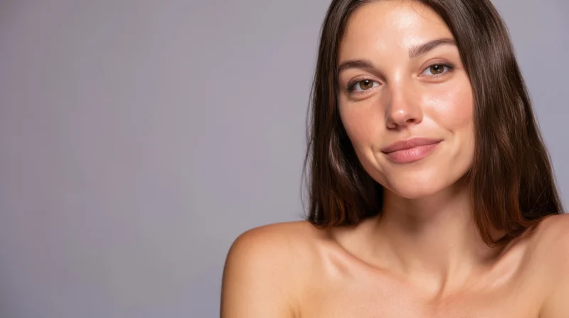 Close-up of a young woman with smooth natural skin against a gray background