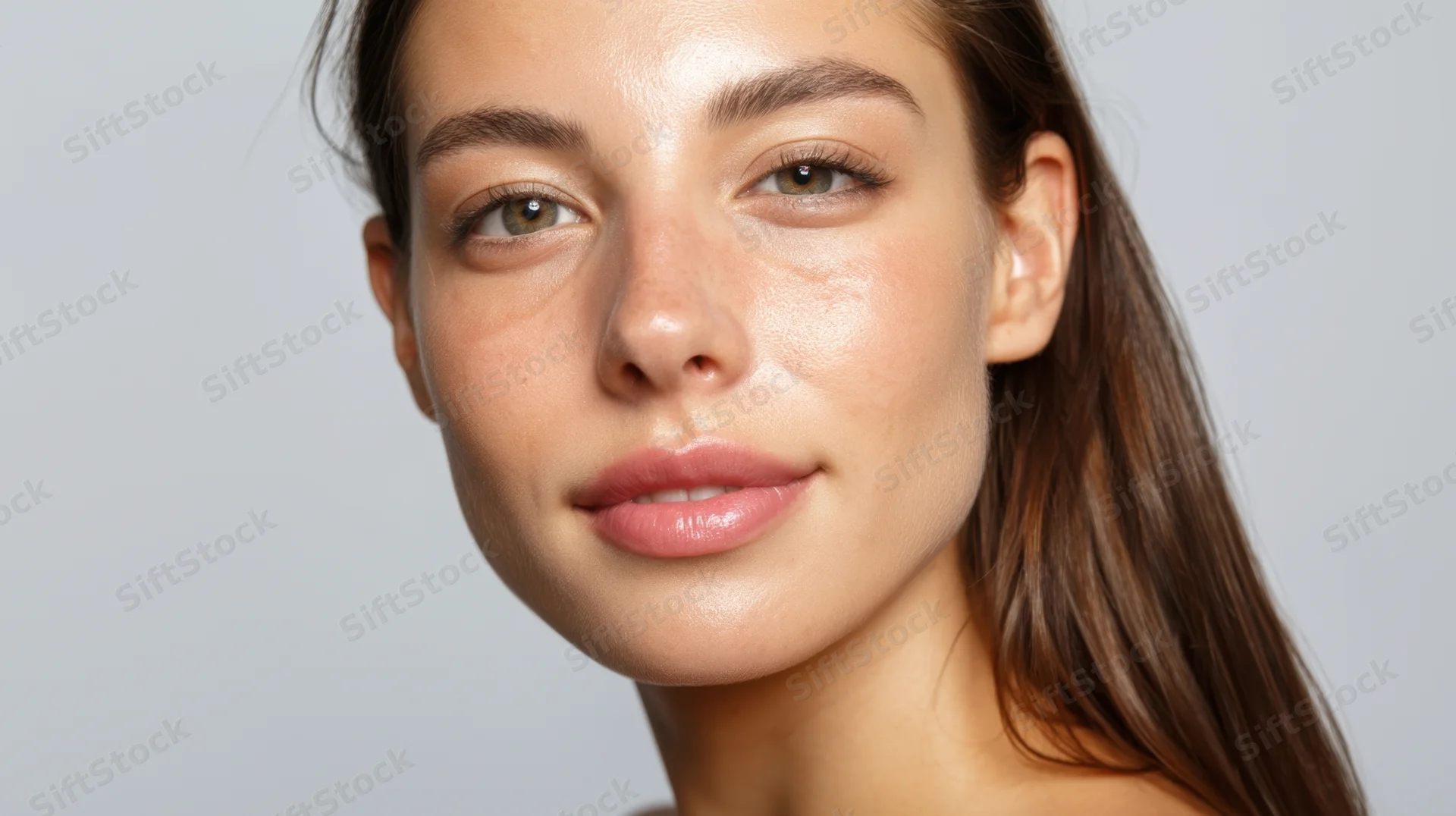 Close-up of a young woman’s face showing natural skin texture and glow against a neutral background