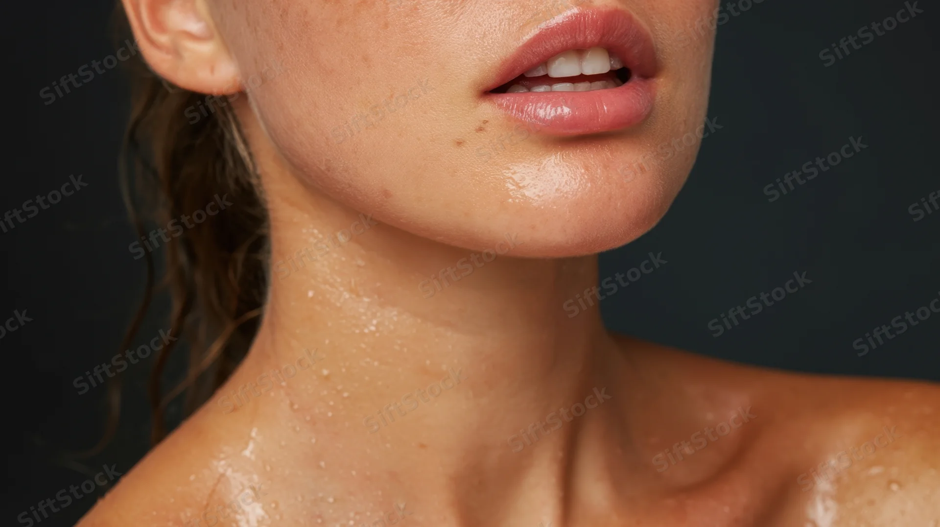 Close-up of a woman’s neck and shoulder with visible sweat droplets and glowing skin against a dark background