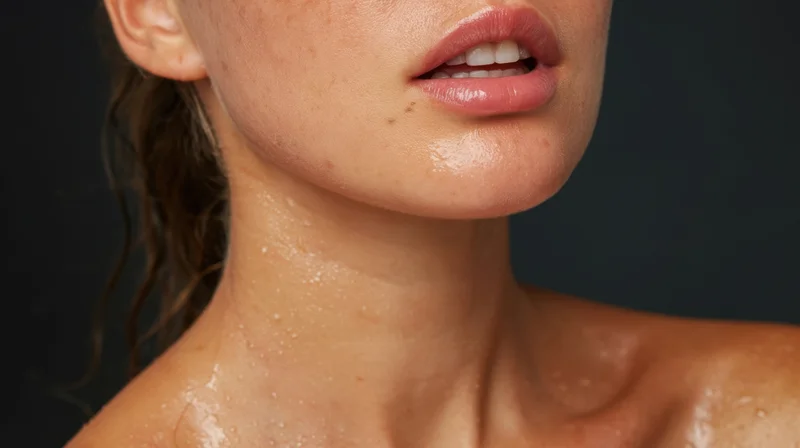 Close-up of a woman’s neck and shoulder with visible sweat droplets and glowing skin against a dark background
