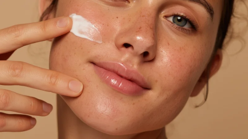 Woman applying cream to her face in close-up view
