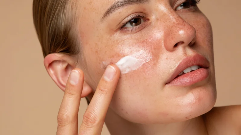 Woman applying cream to her cheek in close-up view